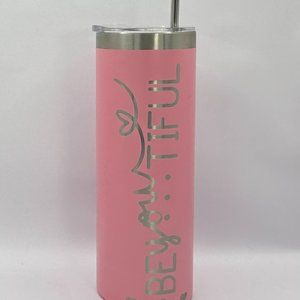 BeYouTiful engraved pink 20 ounce skinny tumbler with lid and straw